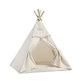 Tipi Zelt Hund - Hundezelt extra geräumig 95 cm Höhe - Katzenzelt Kratzfest - Ideale Haustierhöhle - Anti Geruch/Flecken Stoff Oeko-TEX 100 Zertifiziert (Beiger Pompon)