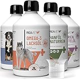 ReaVET Futteröl Hunde, 4 Sorten x 500 ml, Barföl Hund, Futteröl Hund, Hochwertiges Barföl Hunde, Öl Hund, Barf Zusatz Hund, natürlich artgerecht
