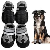 NeuWook Hundeschuhe, 4er-Set wasserdichte Hundeschuhe Anti-rutsch Hundestiefe mit reflektierendem Riemen, Breathable Hundestiefel Pfotenschutz für Kleine Mittelgroße Hunde (XL, Grau)